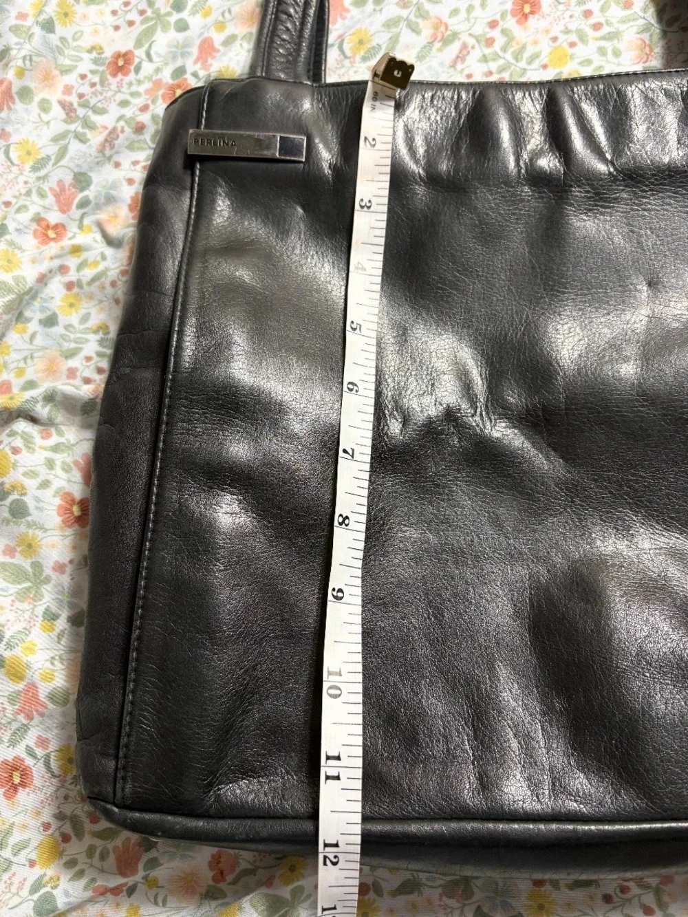 Perlina Black Leather Briefcase Tote with Metal Logo Plate
